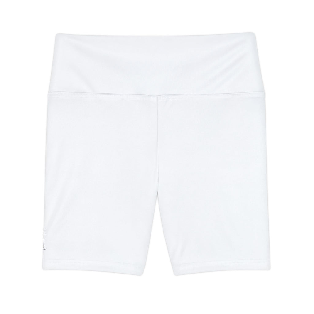 Women’s Workout Shorts - White High-Waist Biker Shorts with Side Graphic by RSR