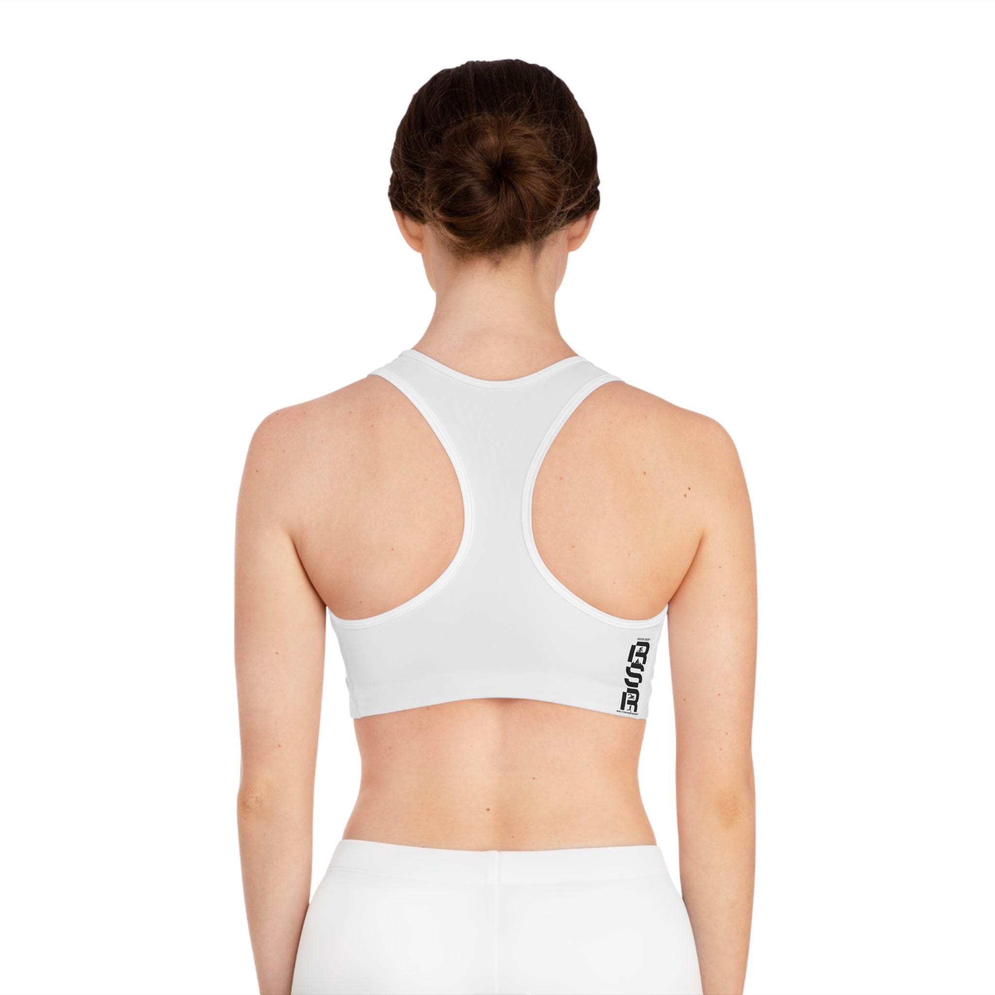 White Racerback Sports Bra — Minimal Logo Activewear for Women by RSR