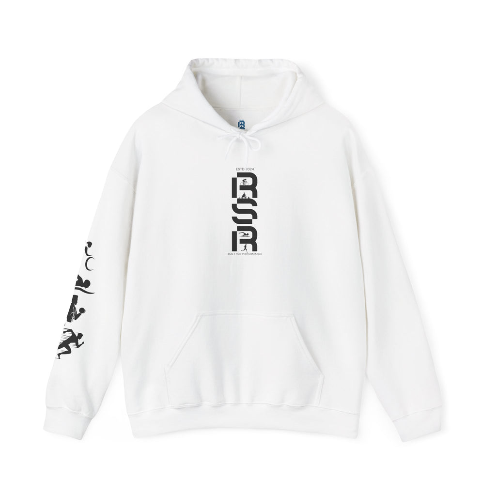 Hoodie — Minimalist Vertical Logo & Sports Sleeve Text Block Back Design by RSR