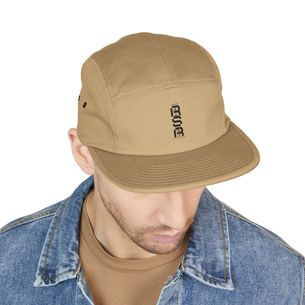 Embroidered 5-Panel Cap — Minimal Vertical Logo, Tan Casual Streetwear by RSR