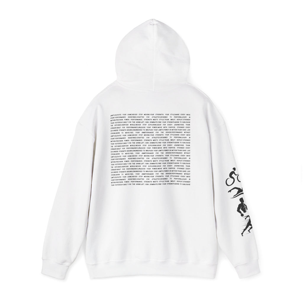 Hoodie — Minimalist Vertical Logo & Sports Sleeve Text Block Back Design by RSR