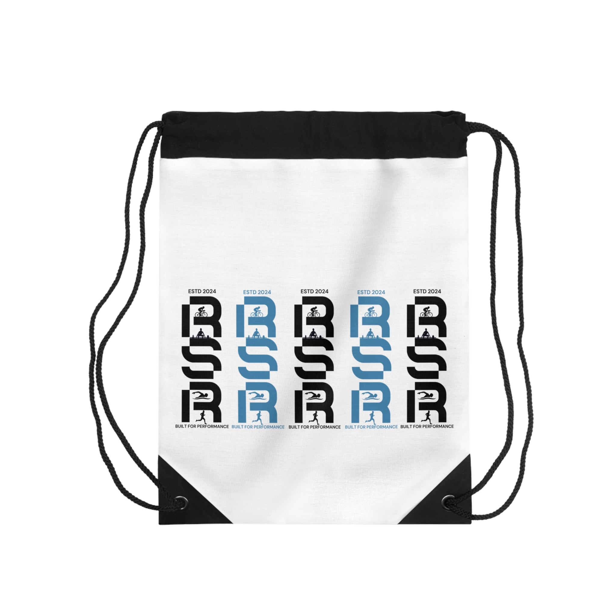 Minimalist Vertical Logo Drawstring Bag — Repetitive Black & Blue Graphic by RSR