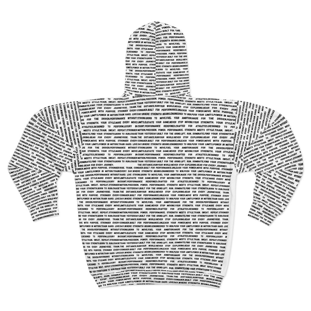 Text-Print Zip Hoodie — All-Over Typographic Script Design by RSR