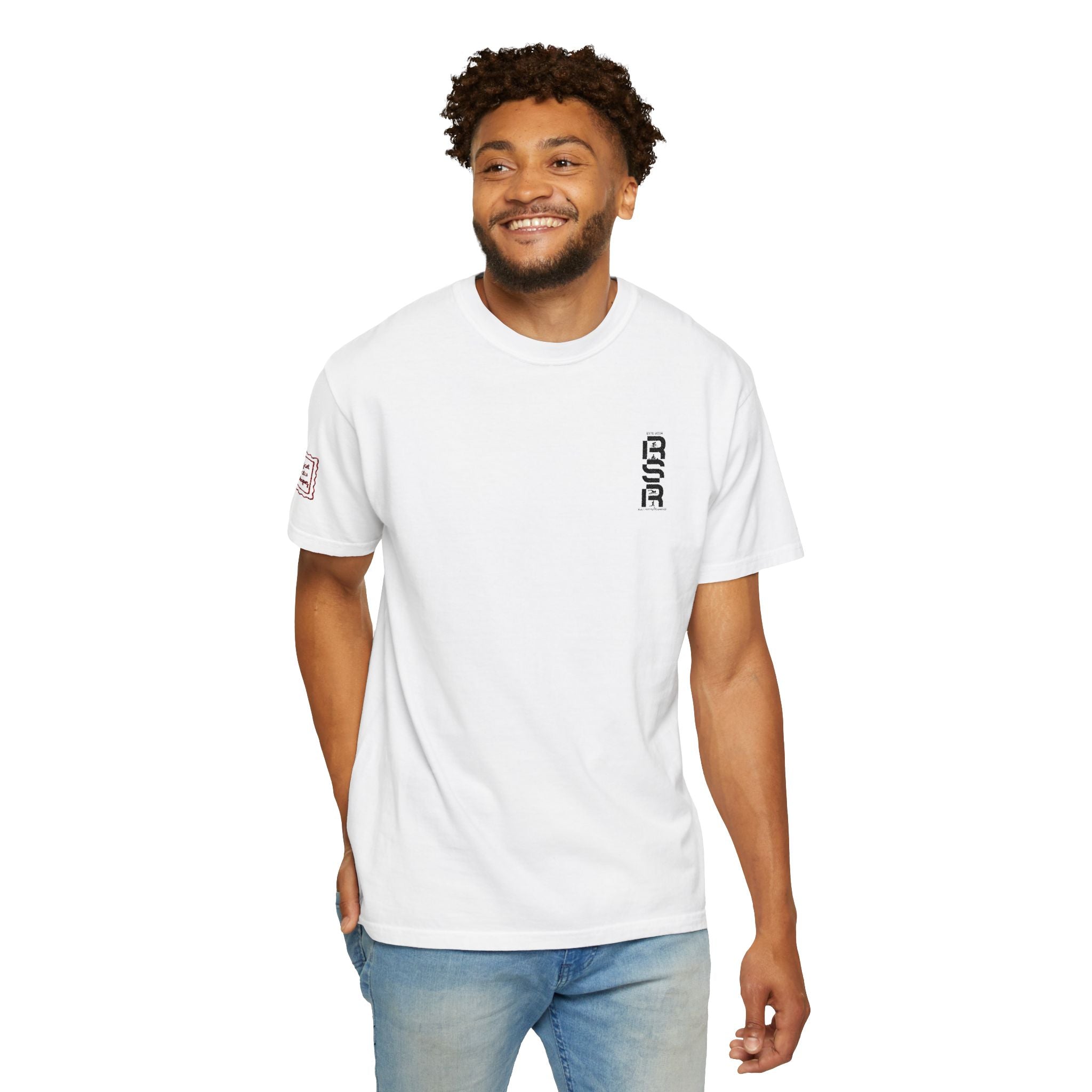Vertical Gothic "GOD" Graphic T-Shirt — Minimal White Streetwear by RSR