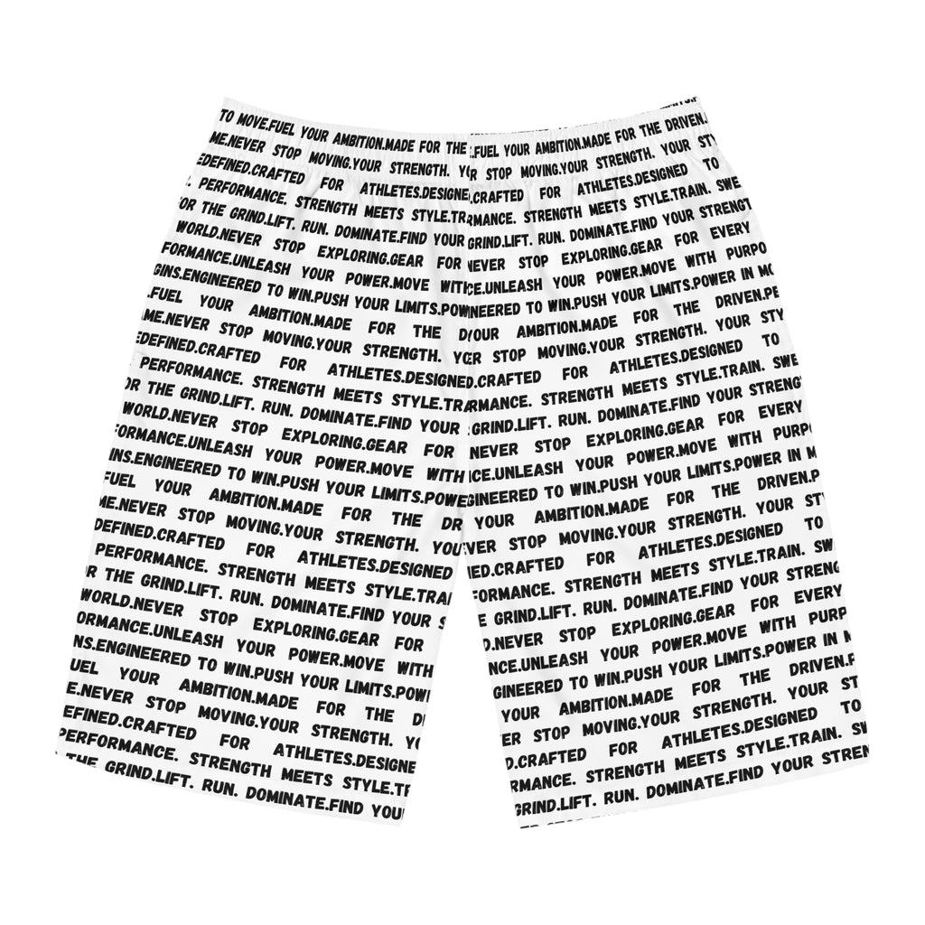 Text All-Over Print Board Shorts — Motivational Word Pattern ('Never Stop') by RSR