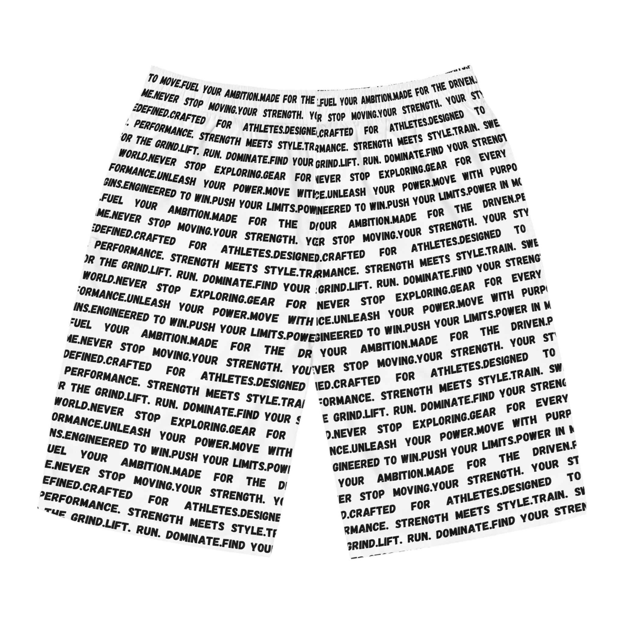 Text All-Over Print Board Shorts — Motivational Word Pattern ('Never Stop') by RSR