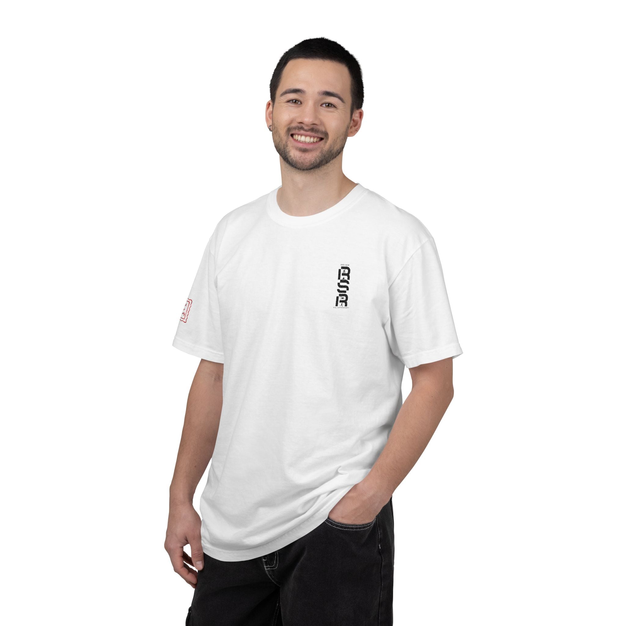 Vertical Gothic "GOD" Graphic T-Shirt — Minimal White Streetwear by RSR