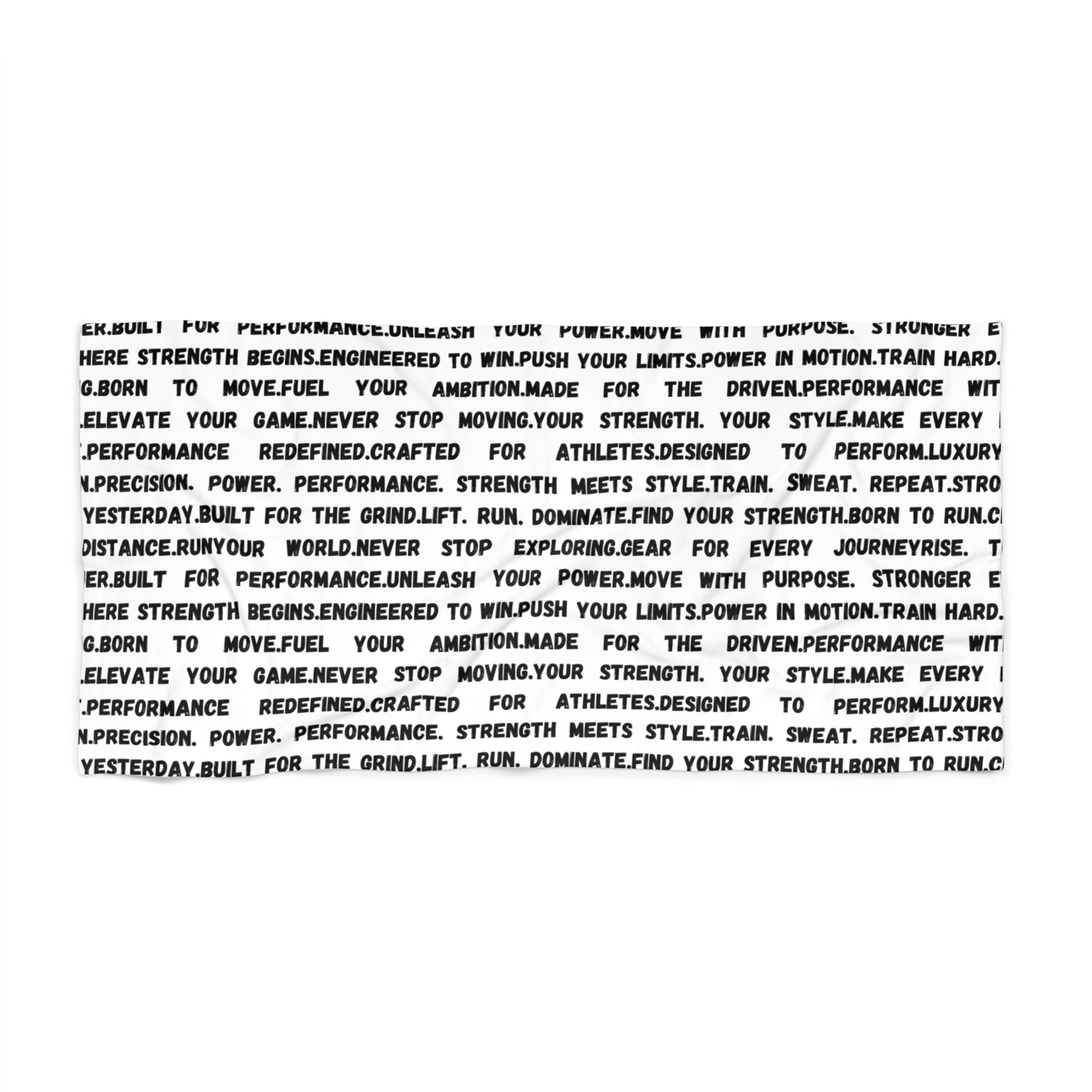 Motivational Text Beach Towel — Black Typography Word Pattern by RSR