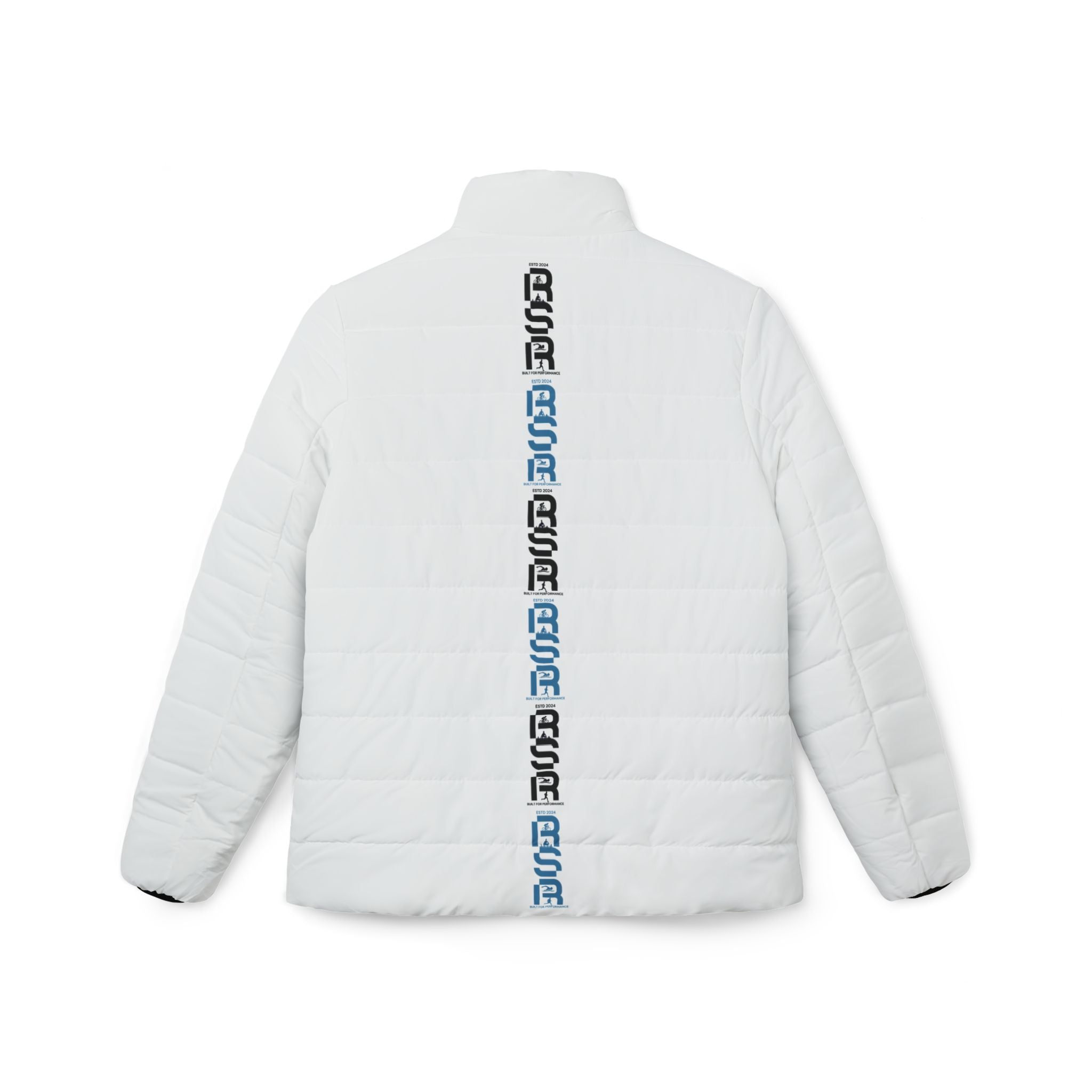 Women’s Puffer Jacket — Vertical Repeated Logo Winter Coat by RSR