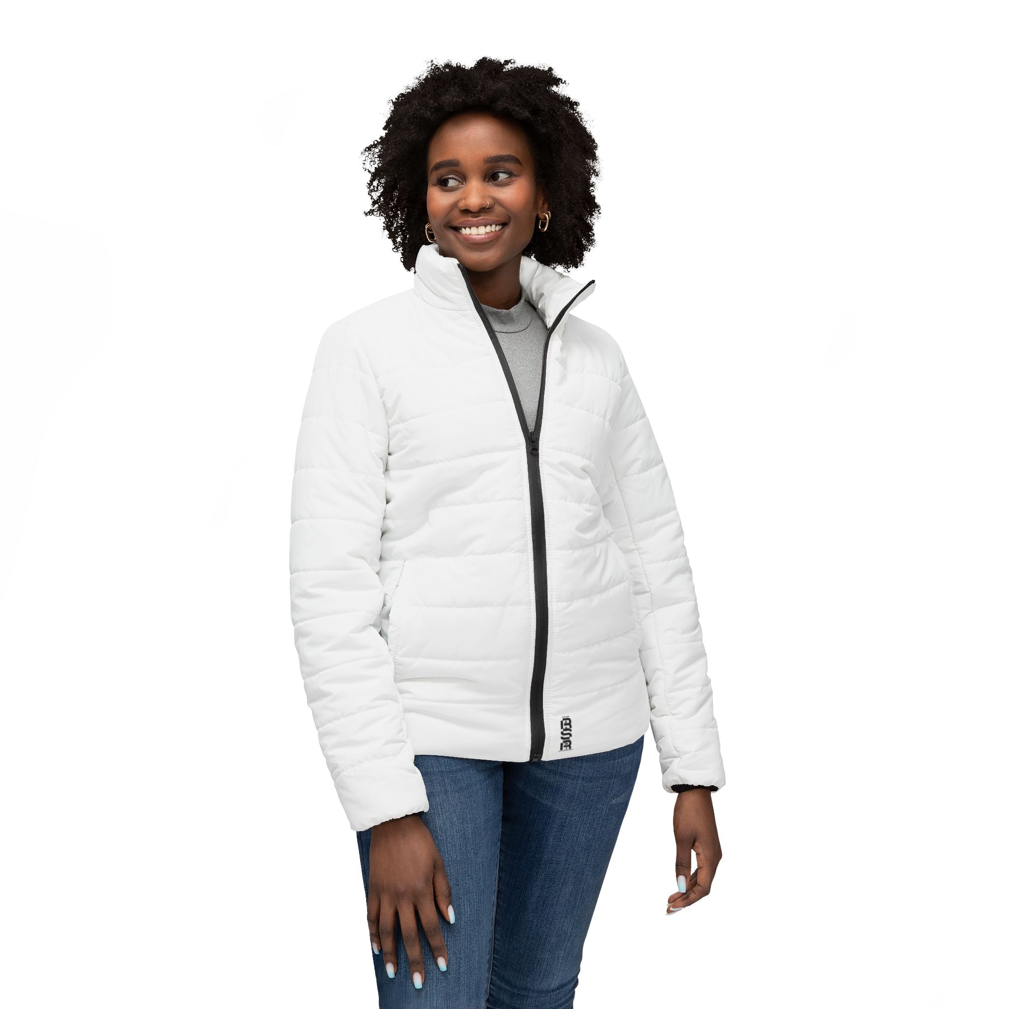 Women’s Puffer Jacket — Vertical Repeated Logo Winter Coat by RSR