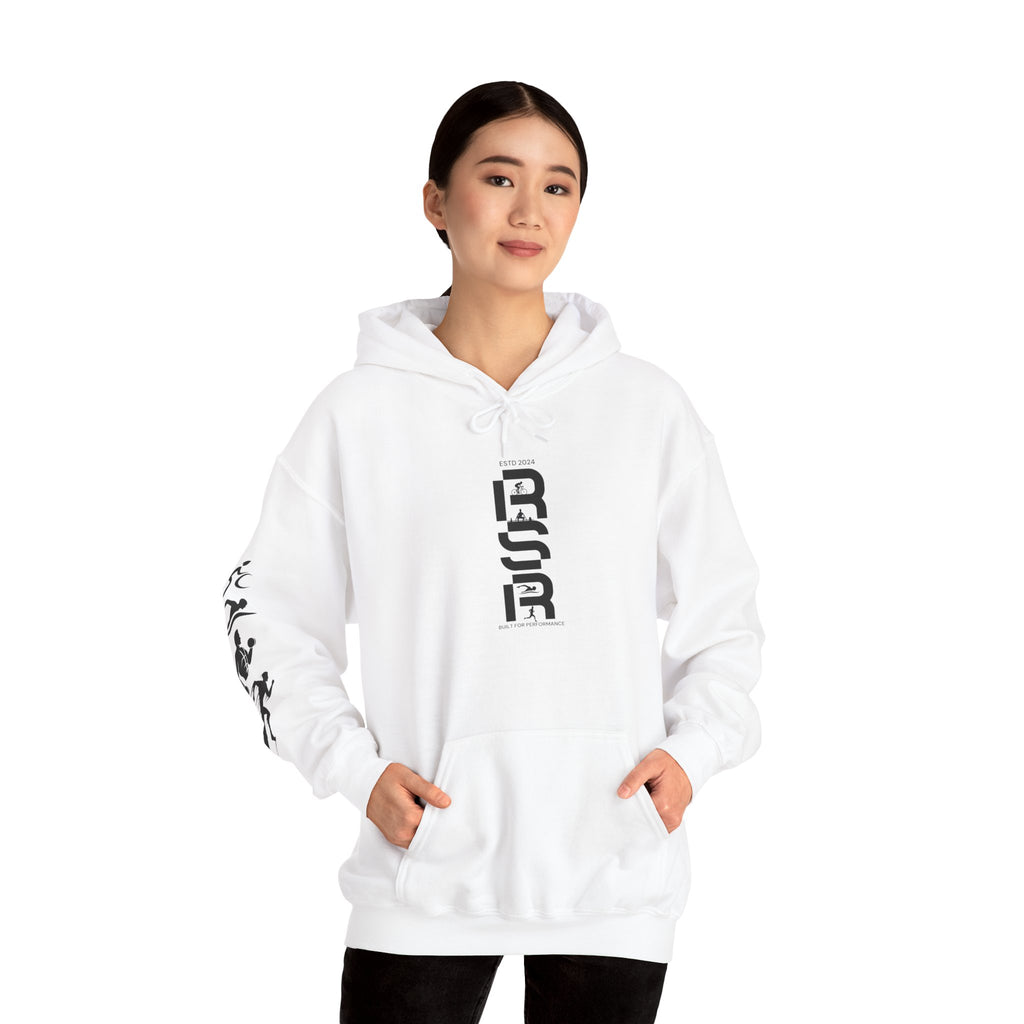 Hoodie — Minimalist Vertical Logo & Sports Sleeve Text Block Back Design by RSR