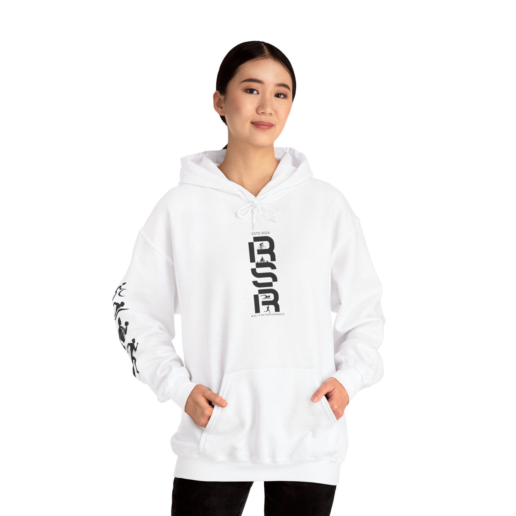 Hoodie — Minimalist Vertical Logo & Sports Sleeve Text Block Back Design by RSR