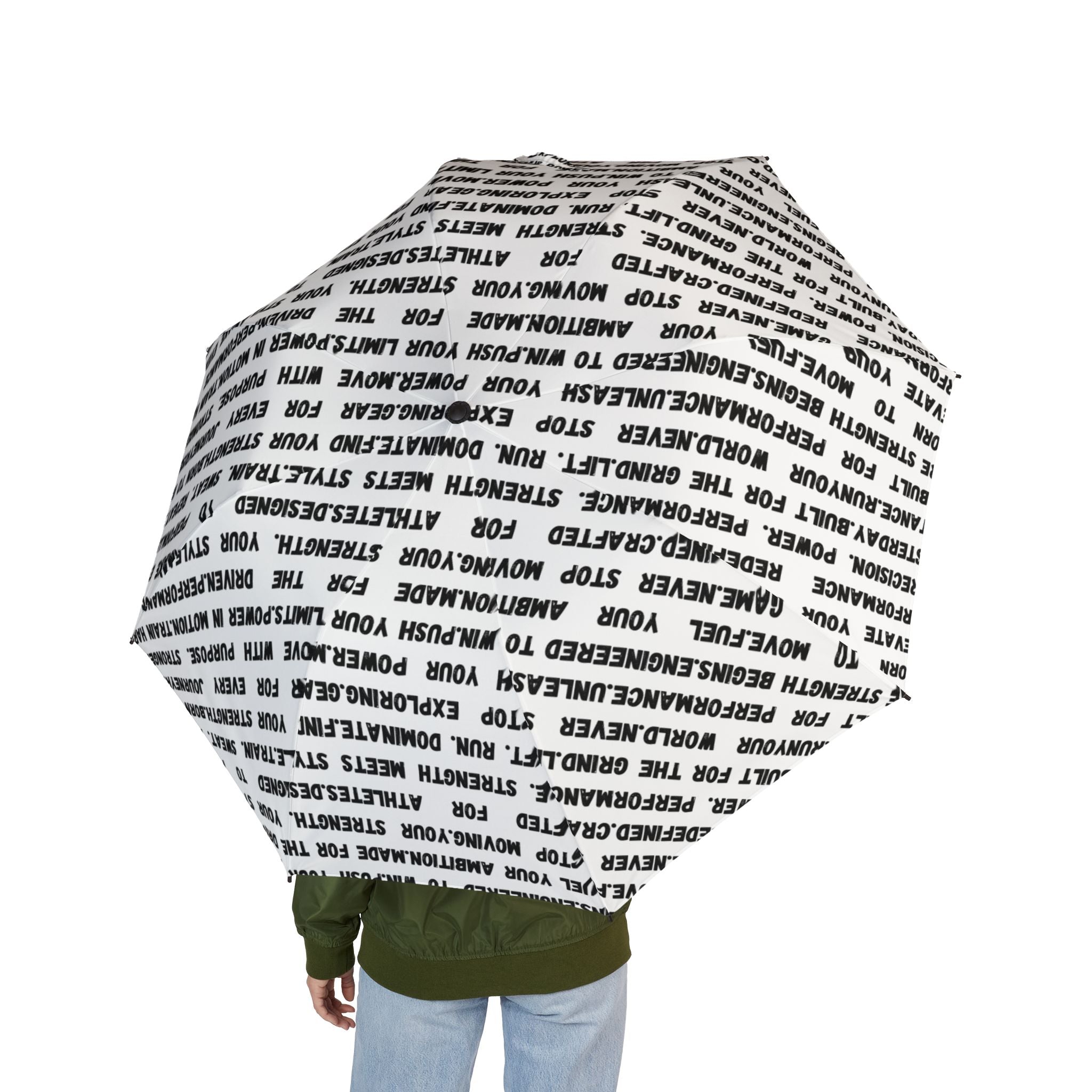 Foldable Umbrella — Black Text Pattern, Semi-Automatic Compact Rain Umbrella by RSR