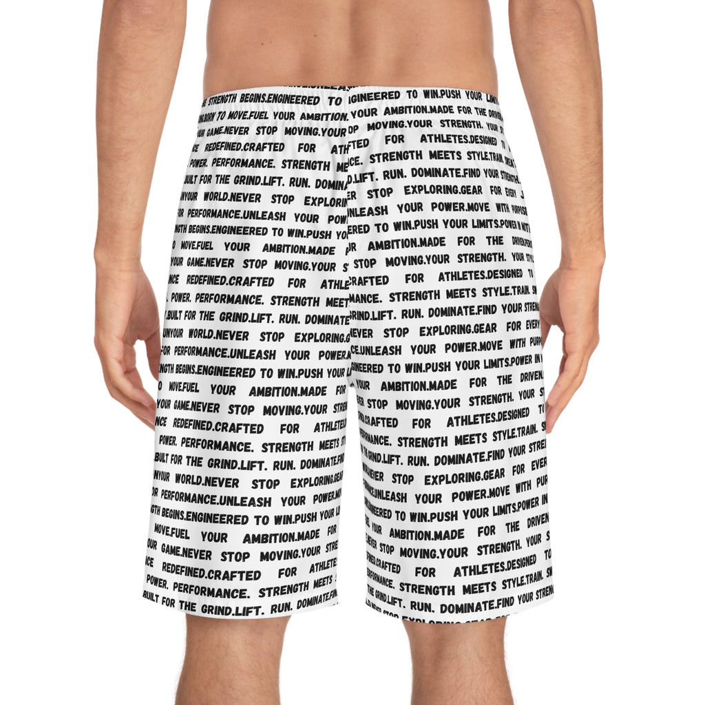 Text All-Over Print Board Shorts — Motivational Word Pattern ('Never Stop') by RSR