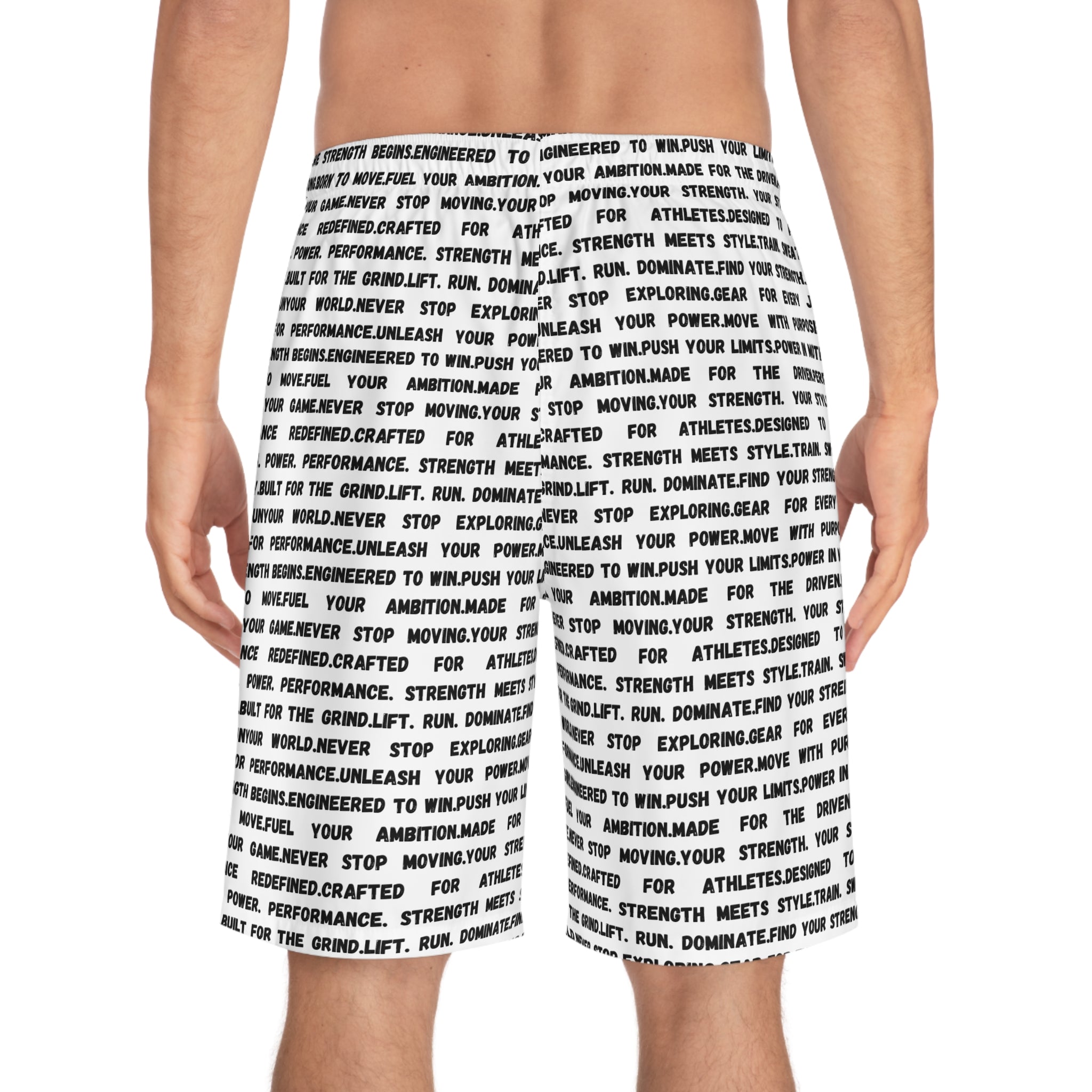 Text All-Over Print Board Shorts — Motivational Word Pattern ('Never Stop') by RSR