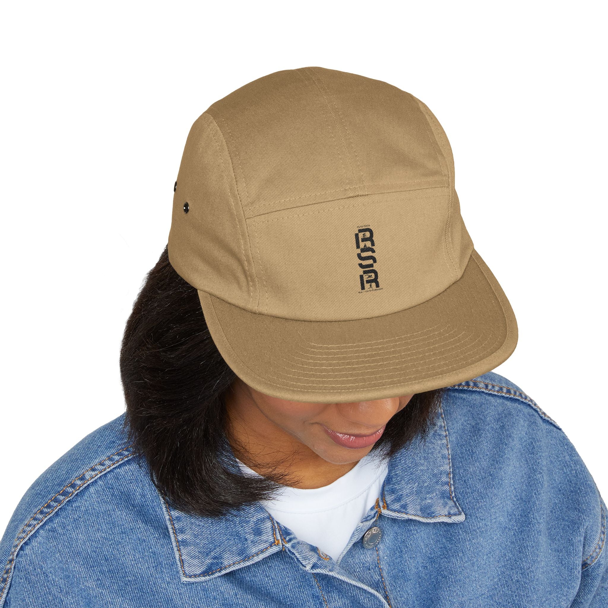 Embroidered 5-Panel Cap — Minimal Vertical Logo, Tan Casual Streetwear by RSR
