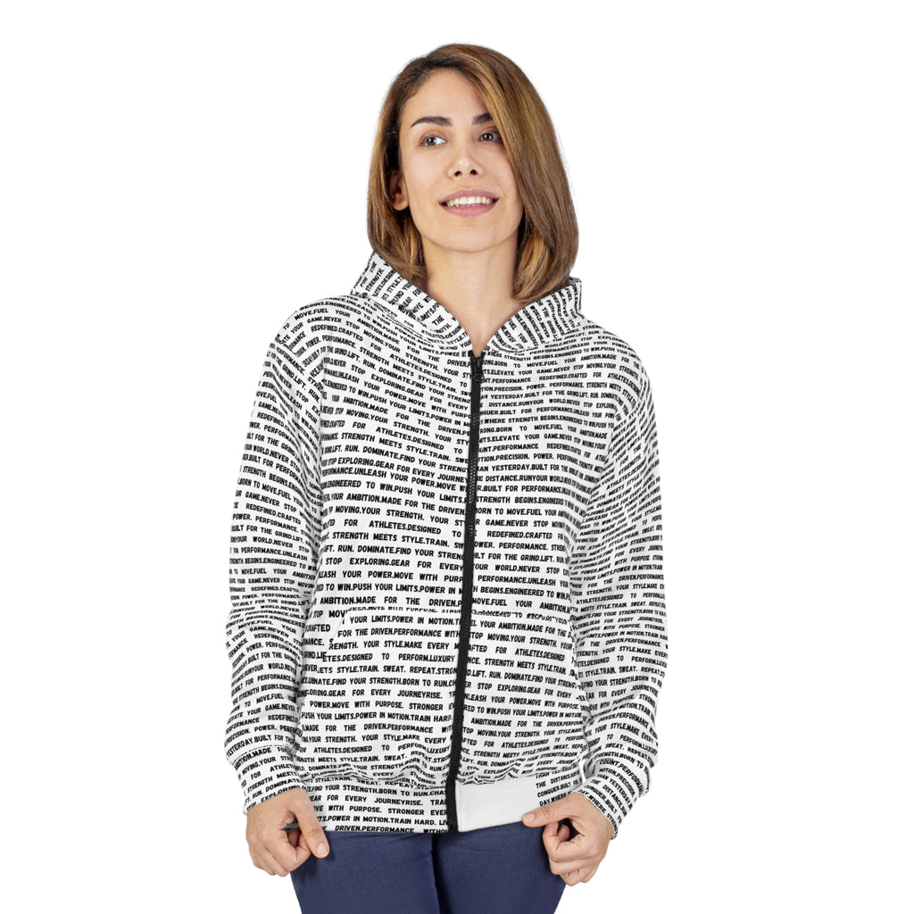 Text-Print Zip Hoodie — All-Over Typographic Script Design by RSR