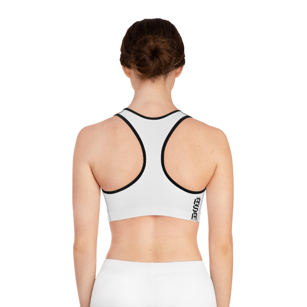 White Racerback Sports Bra — Minimal Logo Activewear for Women by RSR