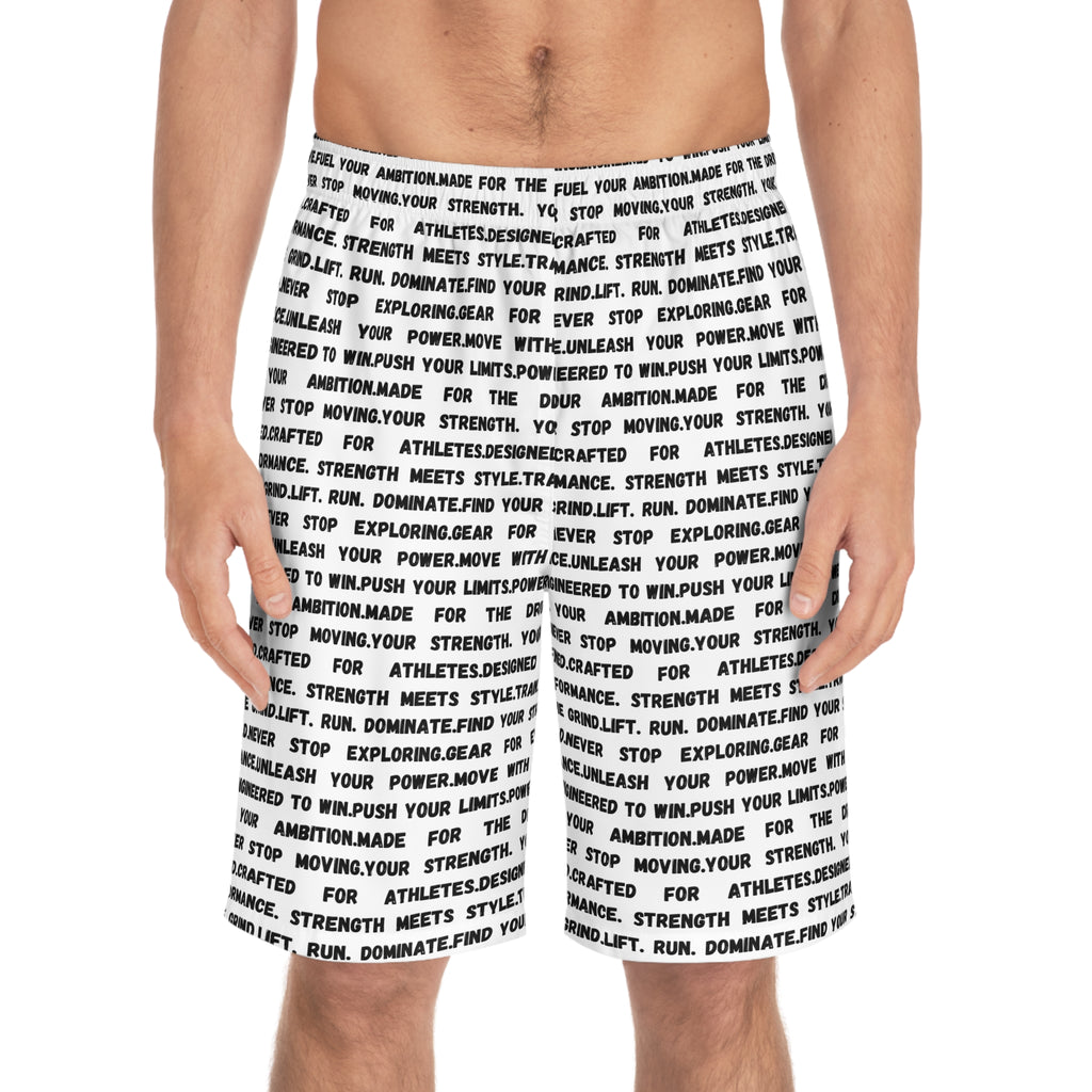 Text All-Over Print Board Shorts — Motivational Word Pattern ('Never Stop') by RSR