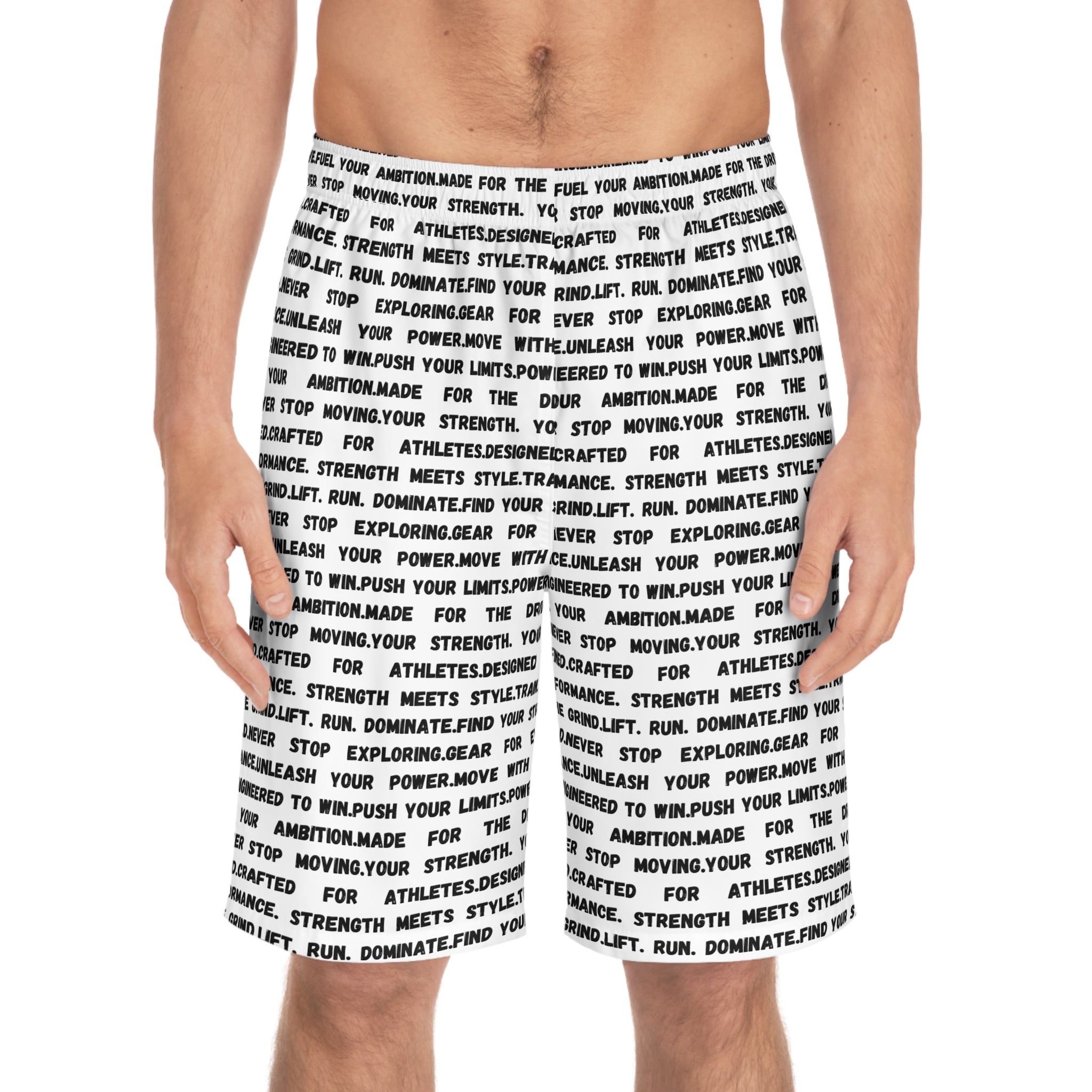 Text All-Over Print Board Shorts — Motivational Word Pattern ('Never Stop') by RSR