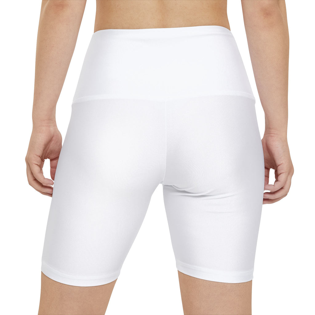 Women’s Workout Shorts - White High-Waist Biker Shorts with Side Graphic by RSR