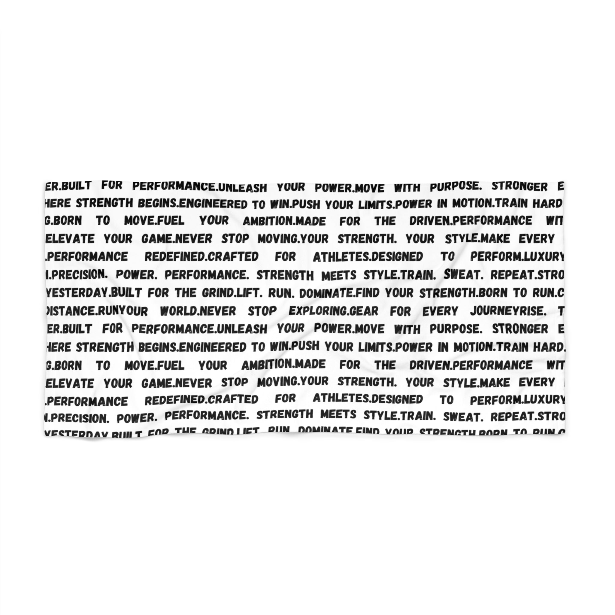 Motivational Text Beach Towel — Black Typography Word Pattern by RSR