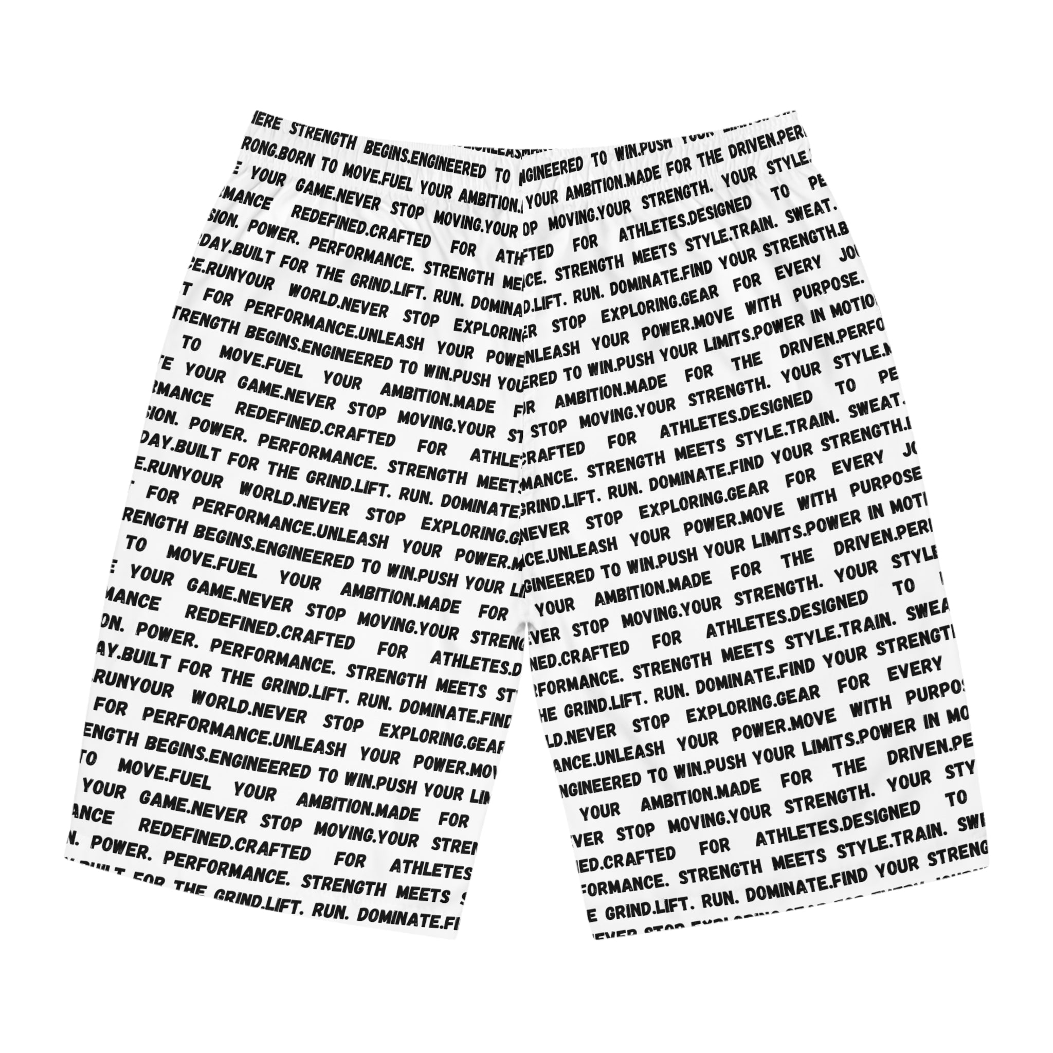 Text All-Over Print Board Shorts — Motivational Word Pattern ('Never Stop') by RSR