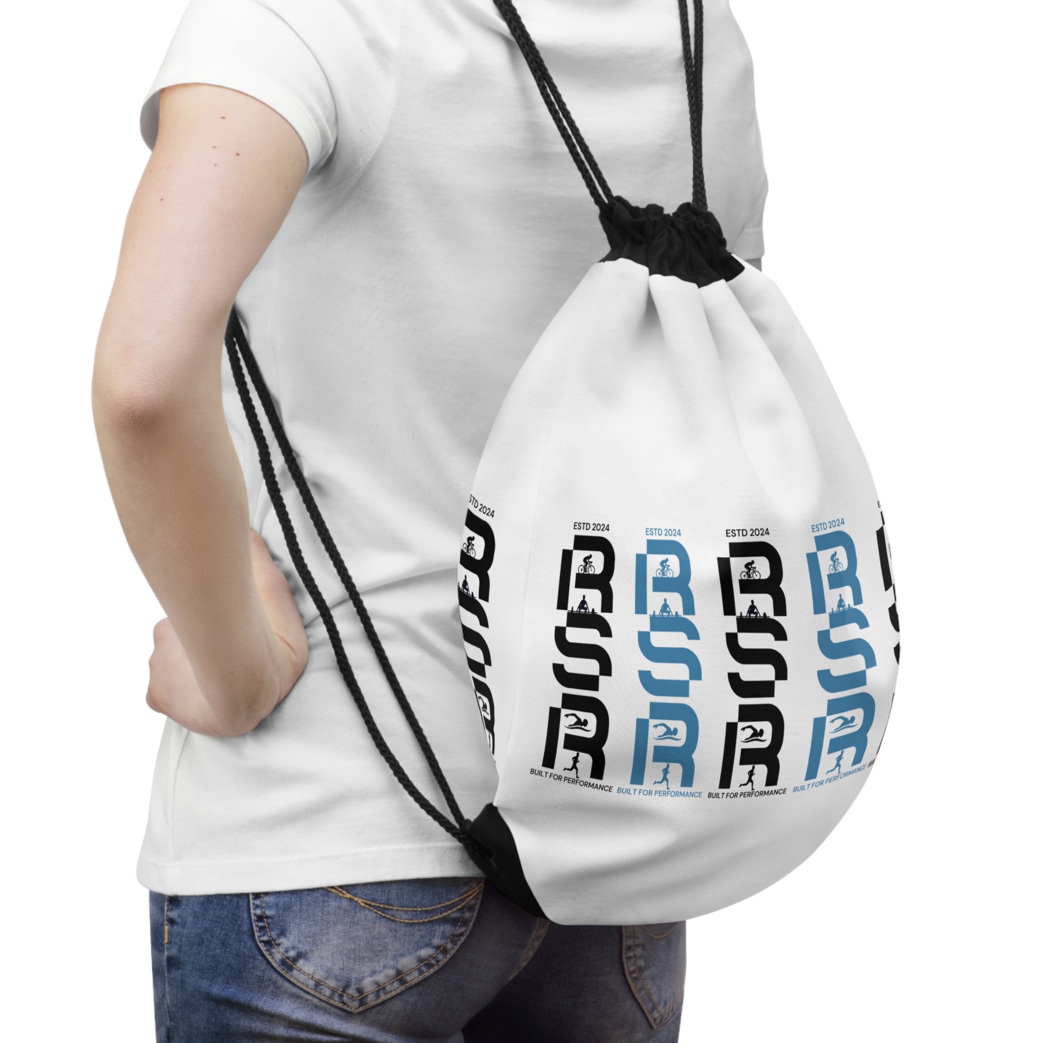 Minimalist Vertical Logo Drawstring Bag — Repetitive Black & Blue Graphic by RSR