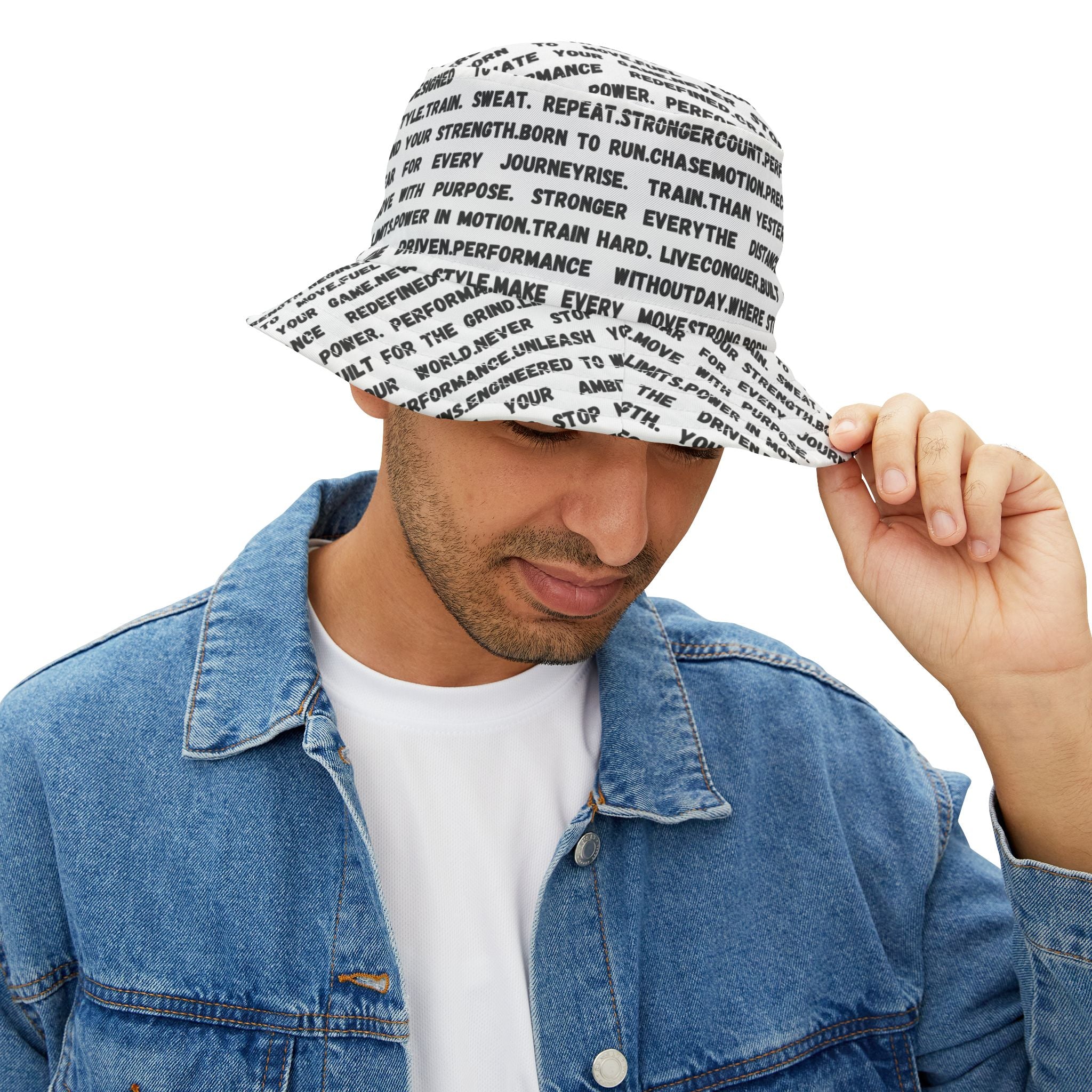 Text Print Bucket Hat — All-Over Black Script Pattern by RSR
