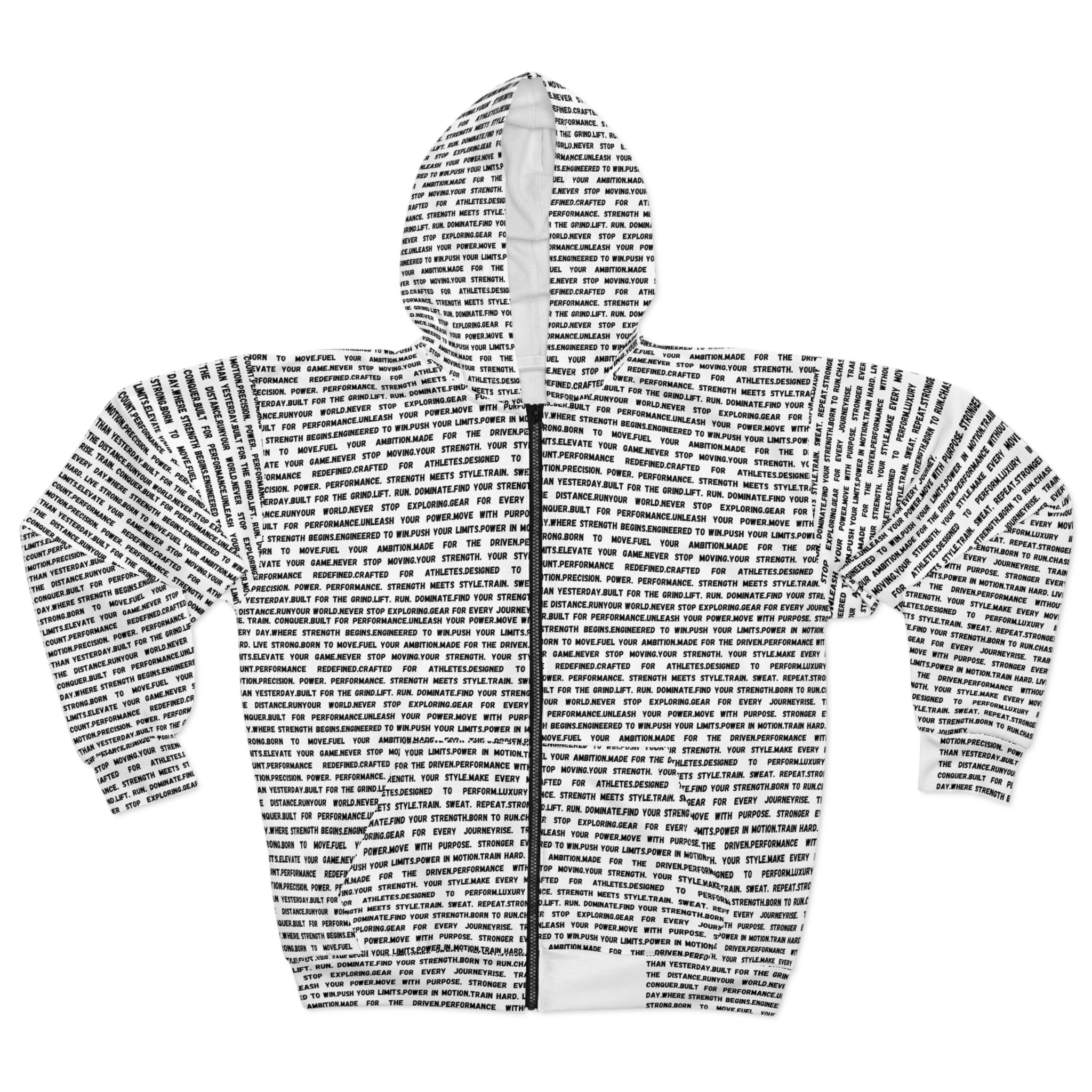 Text-Print Zip Hoodie — All-Over Typographic Script Design by RSR