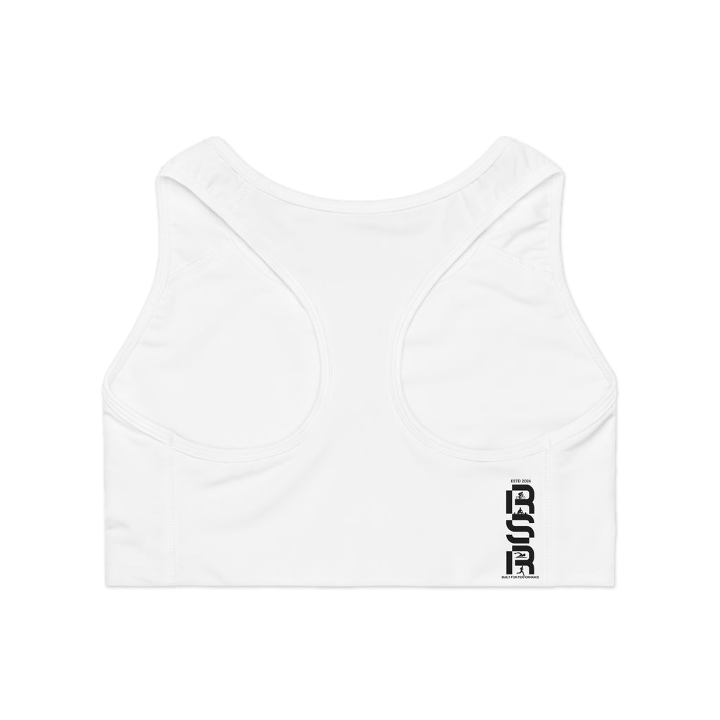White Racerback Sports Bra — Minimal Logo Activewear for Women by RSR
