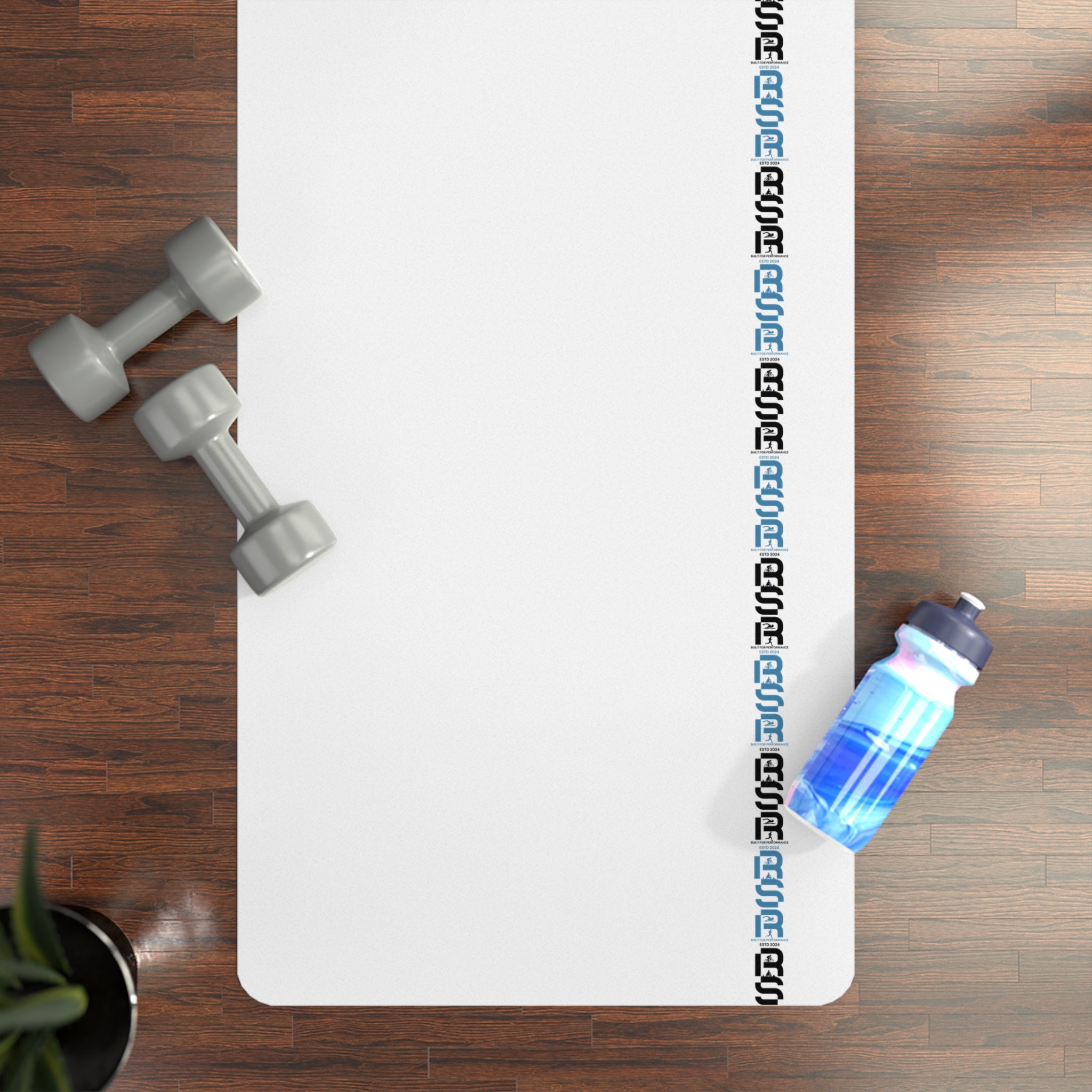 Eco Rubber Yoga Mat — Minimal White Design with Vertical Blue Accent by RSR