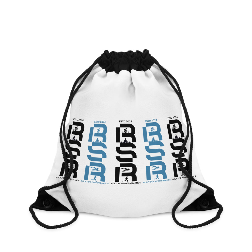 Minimalist Vertical Logo Drawstring Bag — Repetitive Black & Blue Graphic by RSR