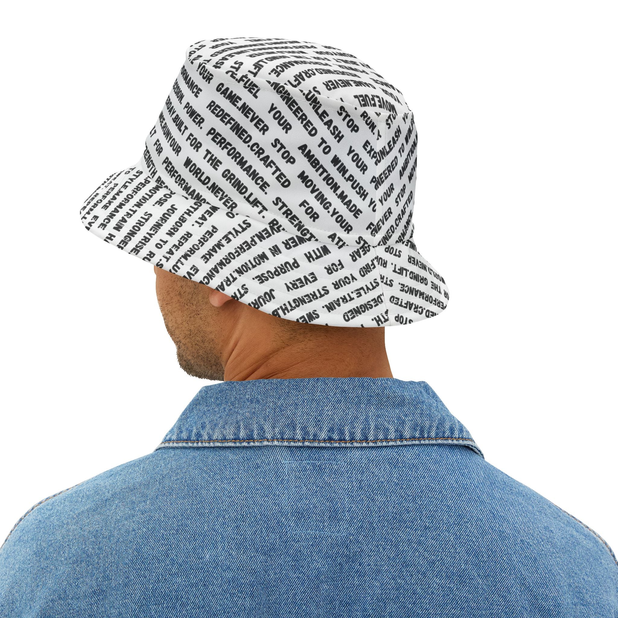 Text Print Bucket Hat — All-Over Black Script Pattern by RSR