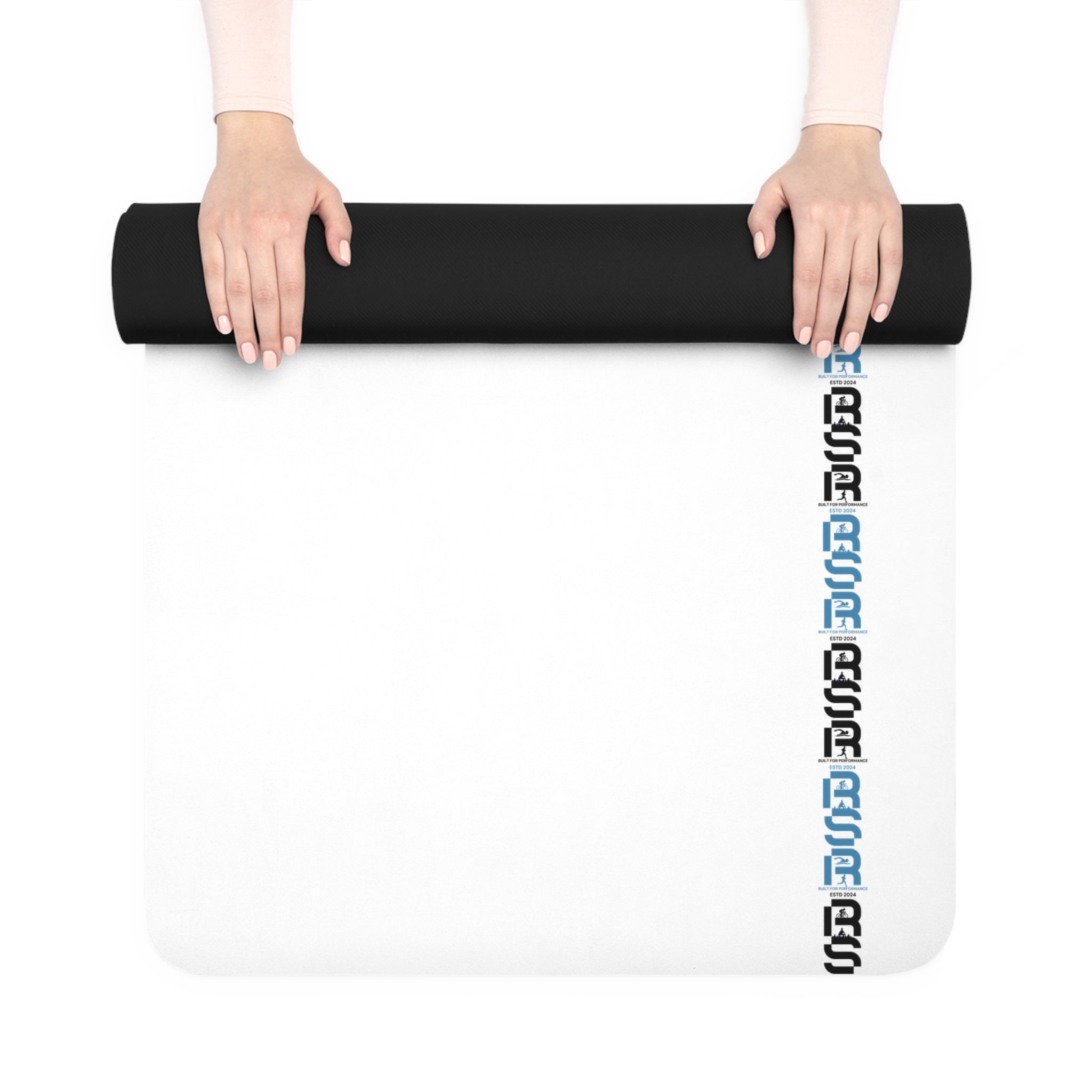 Eco Rubber Yoga Mat — Minimal White Design with Vertical Blue Accent by RSR