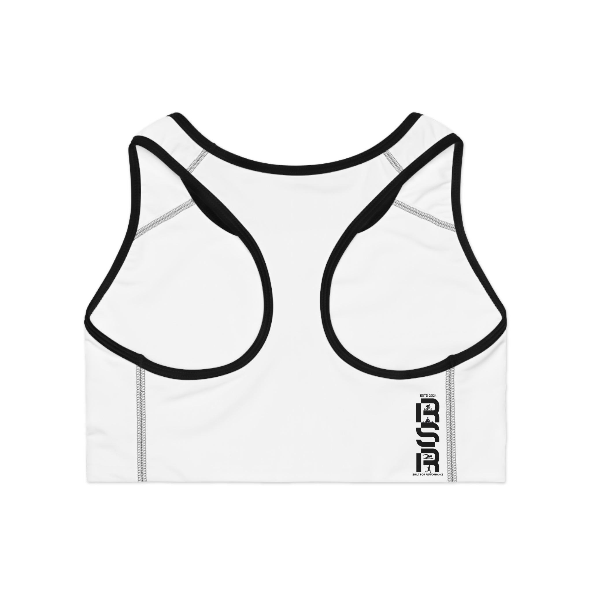 White Racerback Sports Bra — Minimal Logo Activewear for Women by RSR