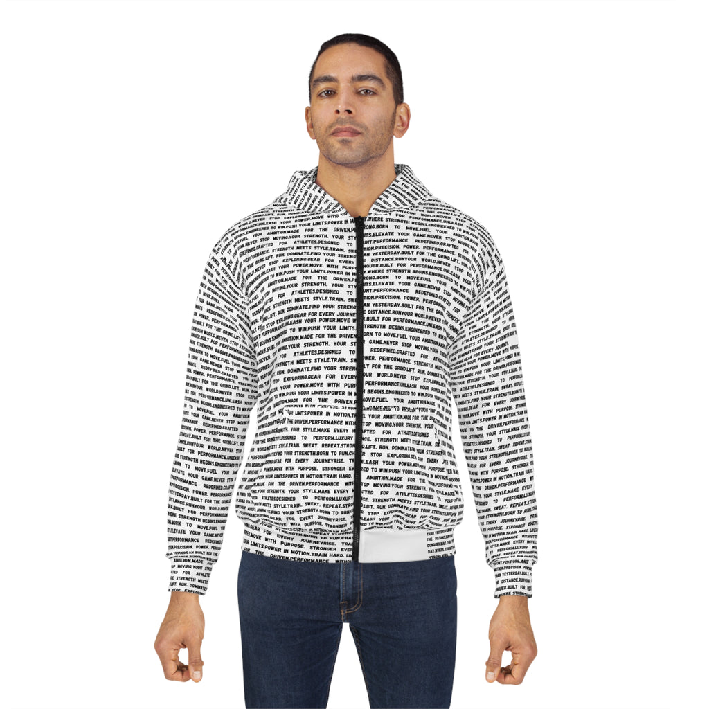 Text-Print Zip Hoodie — All-Over Typographic Script Design by RSR