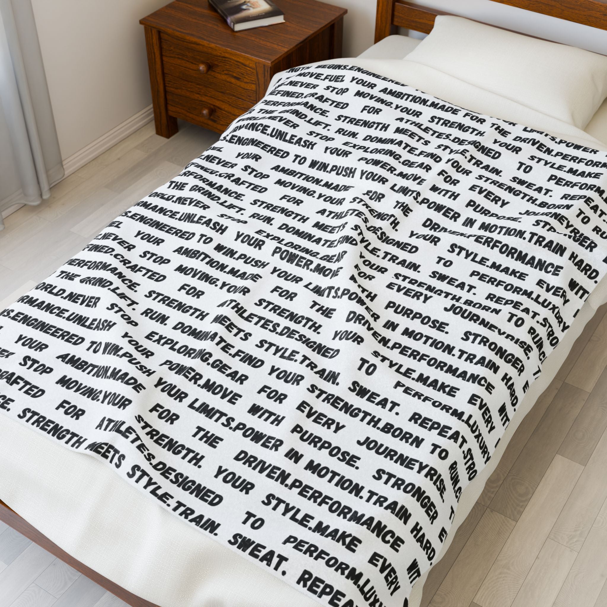 Motivational Text Velveteen Plush Blanket — Repeating Strength & Performance Print by RSR