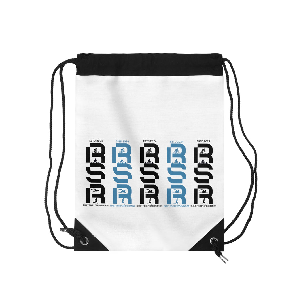 Minimalist Vertical Logo Drawstring Bag — Repetitive Black & Blue Graphic by RSR