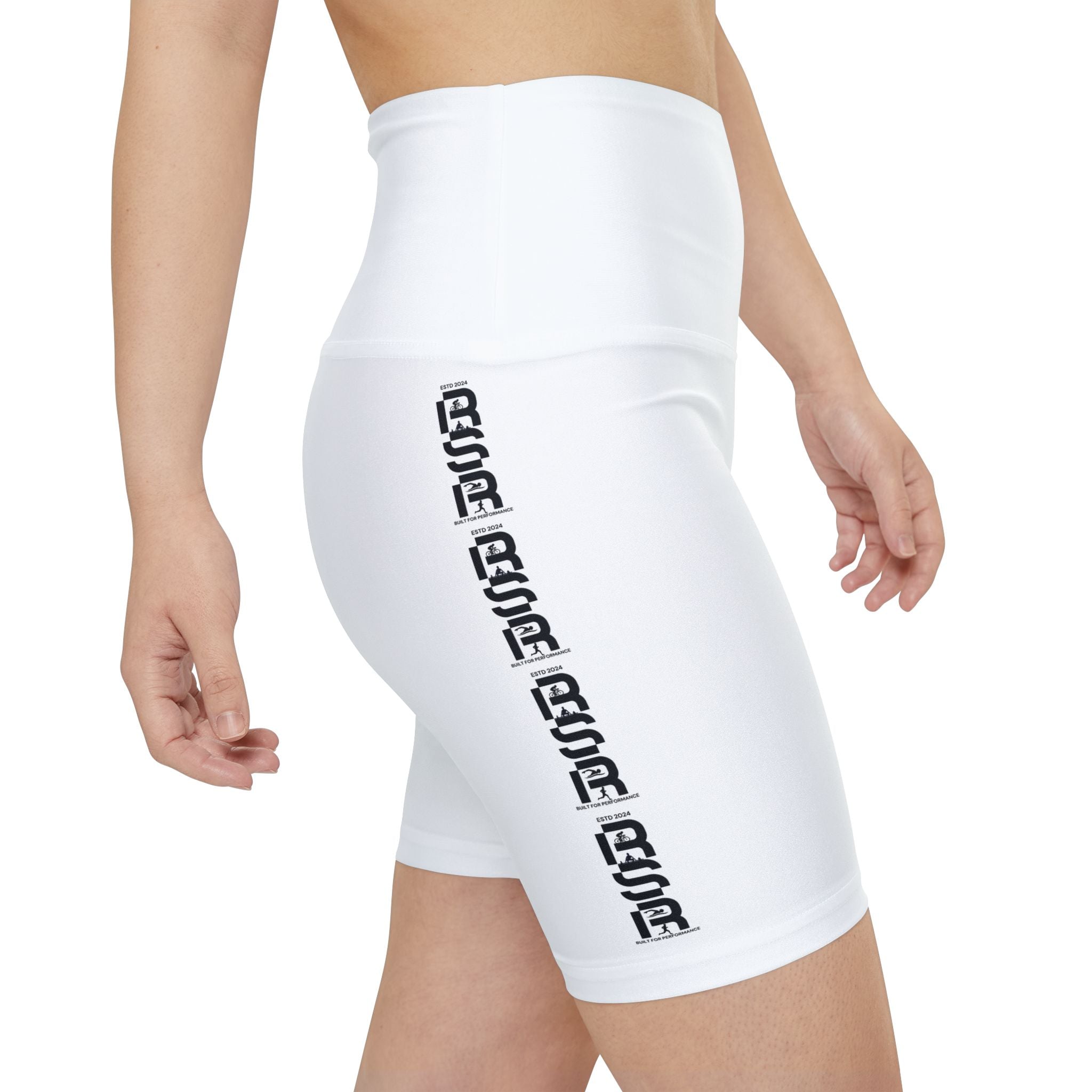 Women’s Workout Shorts - White High-Waist Biker Shorts with Side Graphic by RSR